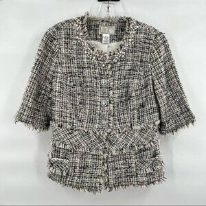 Alberto Makali tweed blazer jacket size 6 black white pearl collar detail